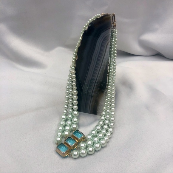 Vintage Faux Pearl Blue Glass 3 Strand Necklace - Picture 14 of 16